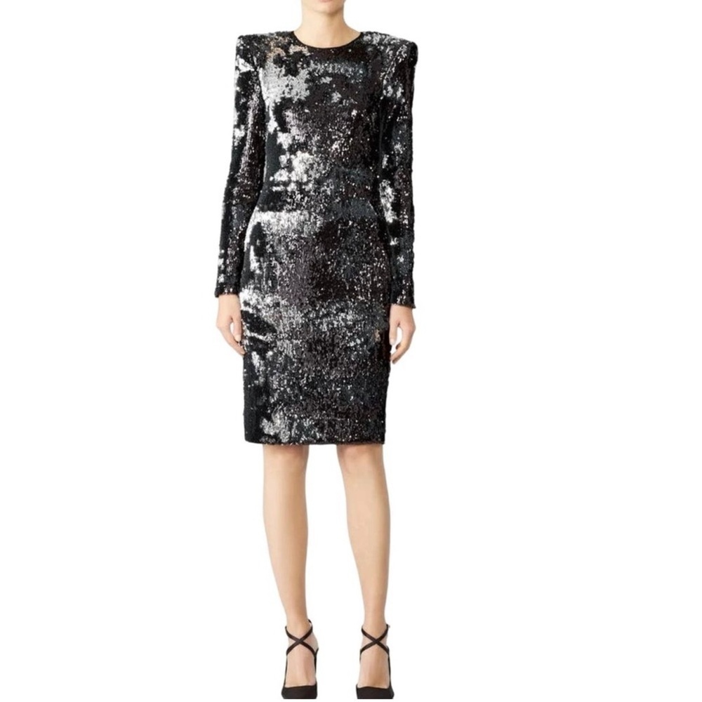 NAEEM KHAN Silver Black Sequin Sheath Open Back Dress